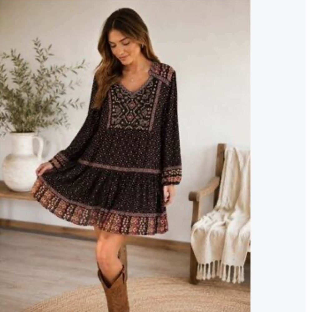 Style & Co Dress Small Black Boho Embroidered Beaded Knee Length Peasant Dress